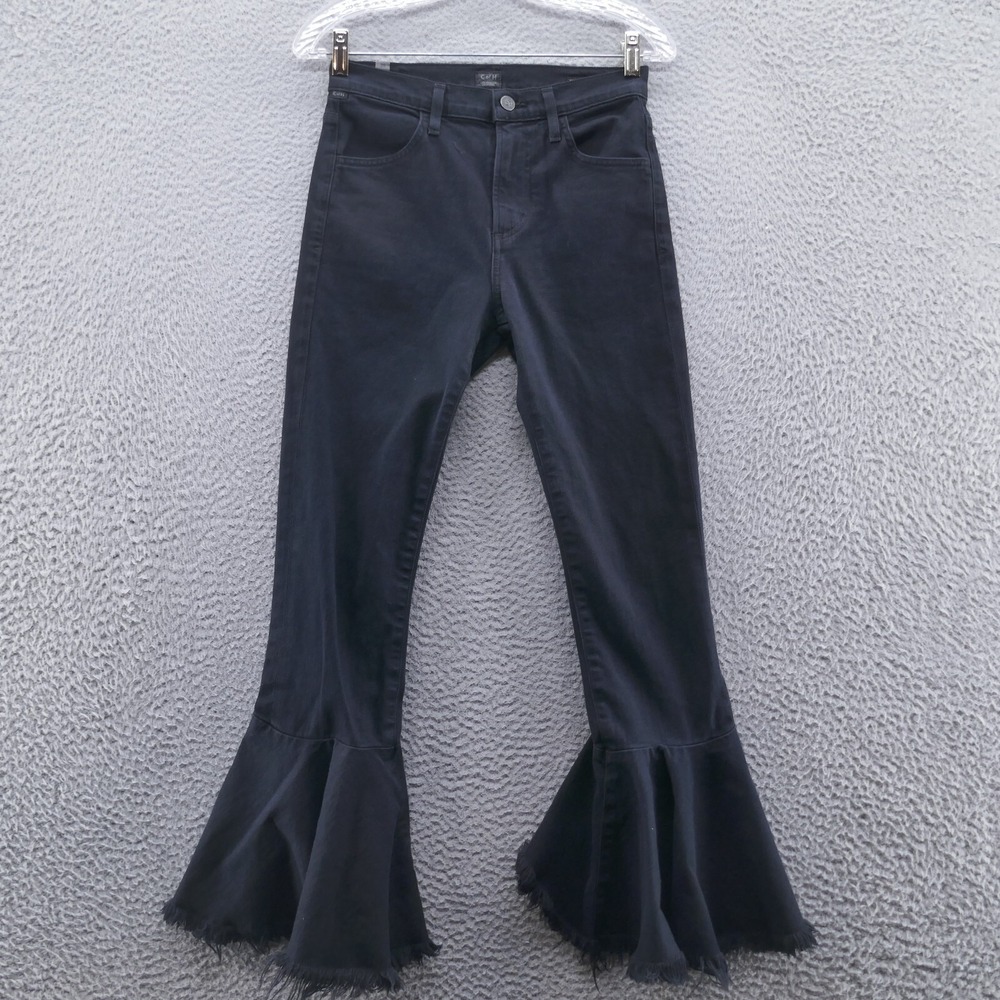 Citizens of Humanity Drew Flounce High Rise Black Flare Jeans 25 Raw Hem Tiered